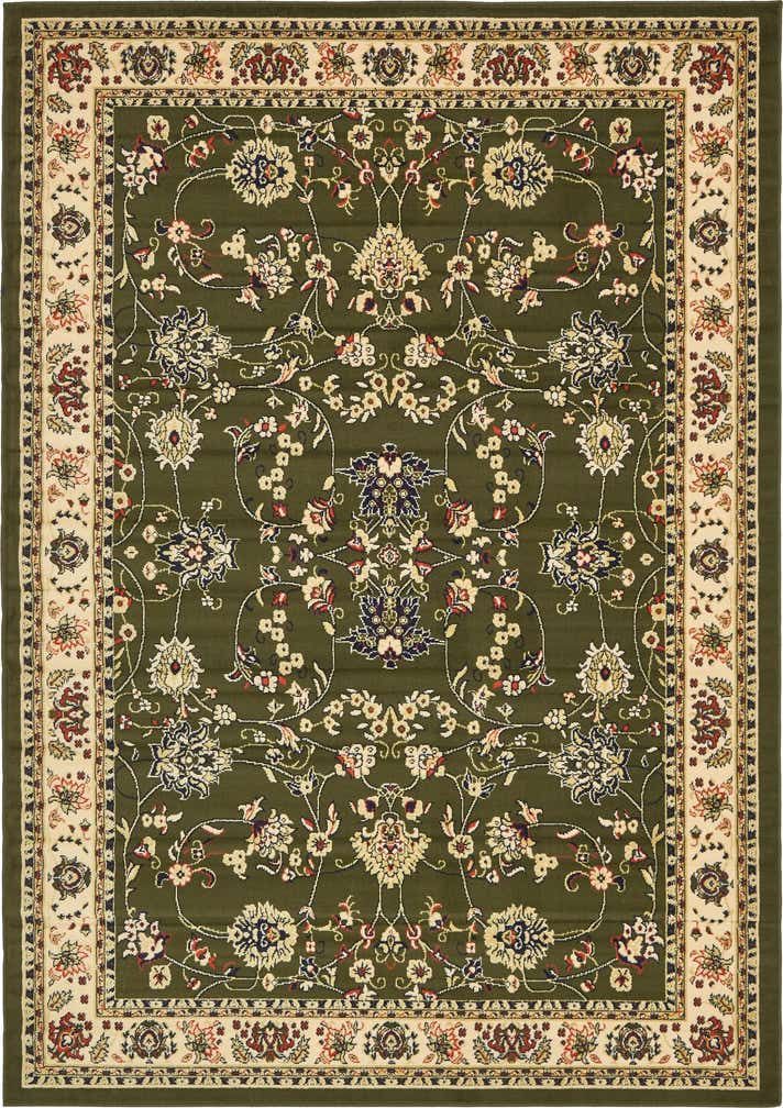 a green rug with floral designs on the bottom and beige trimmings around it