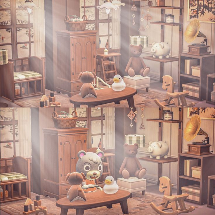 there are many teddy bears in the room together and one bear is sitting at a table