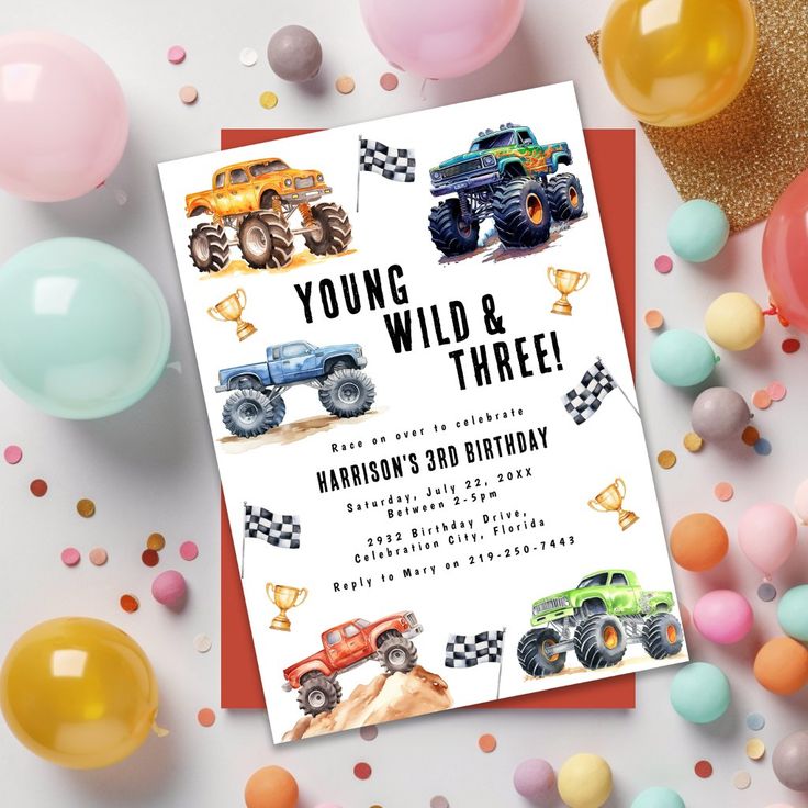 a birthday card with monster trucks and balloons