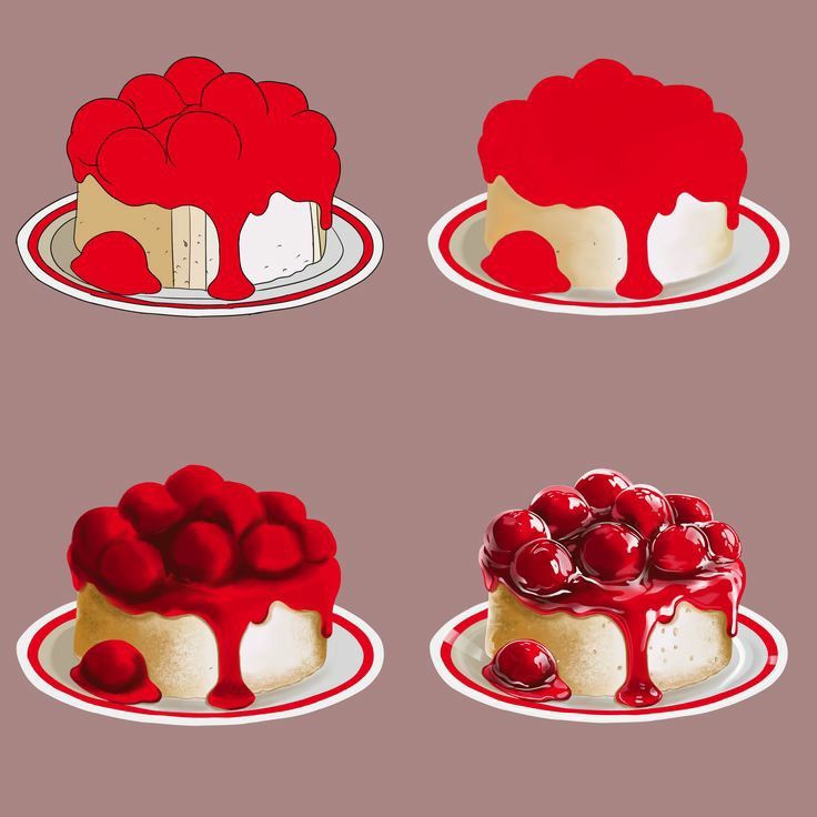 four cakes with different toppings on them, one is white and the other is red