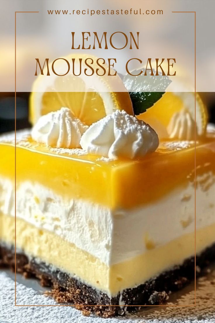 a lemon mousse cake with whipped cream on top