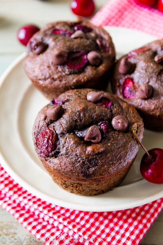 three chocolate cherry muffins on a white plate with cherries around the edges