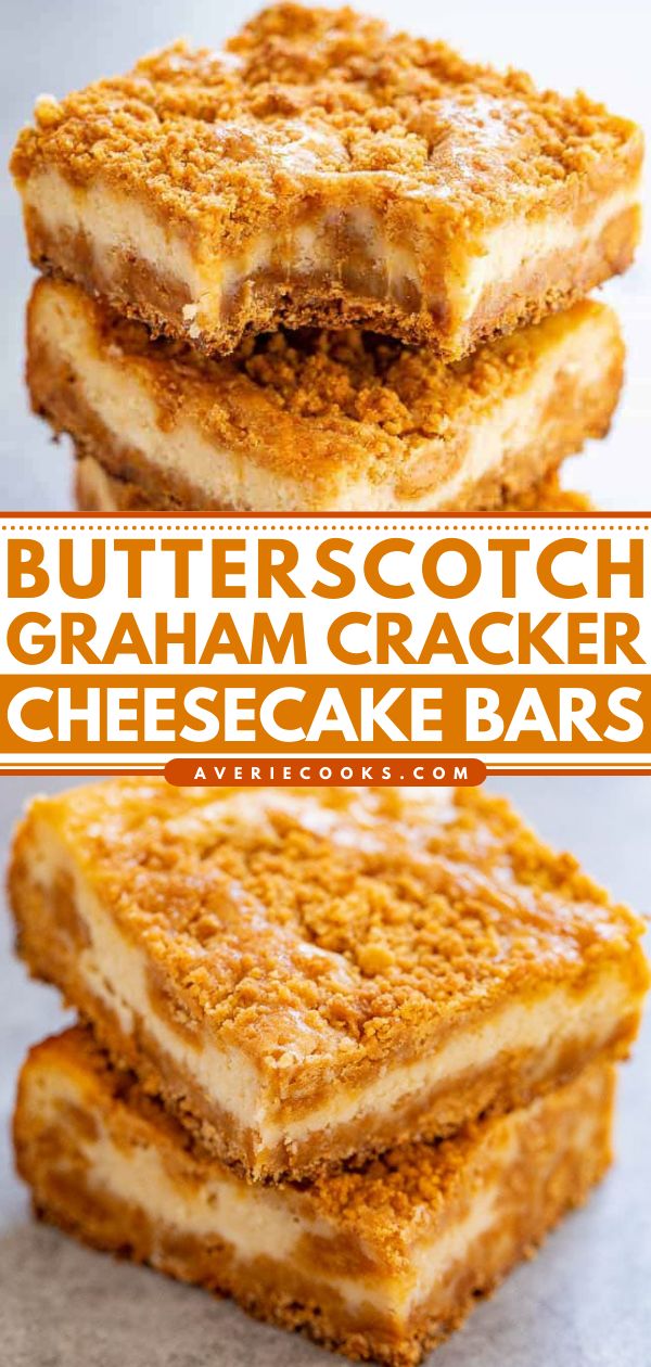 butterscotch graham cracker cheesecake bars are stacked on top of each other