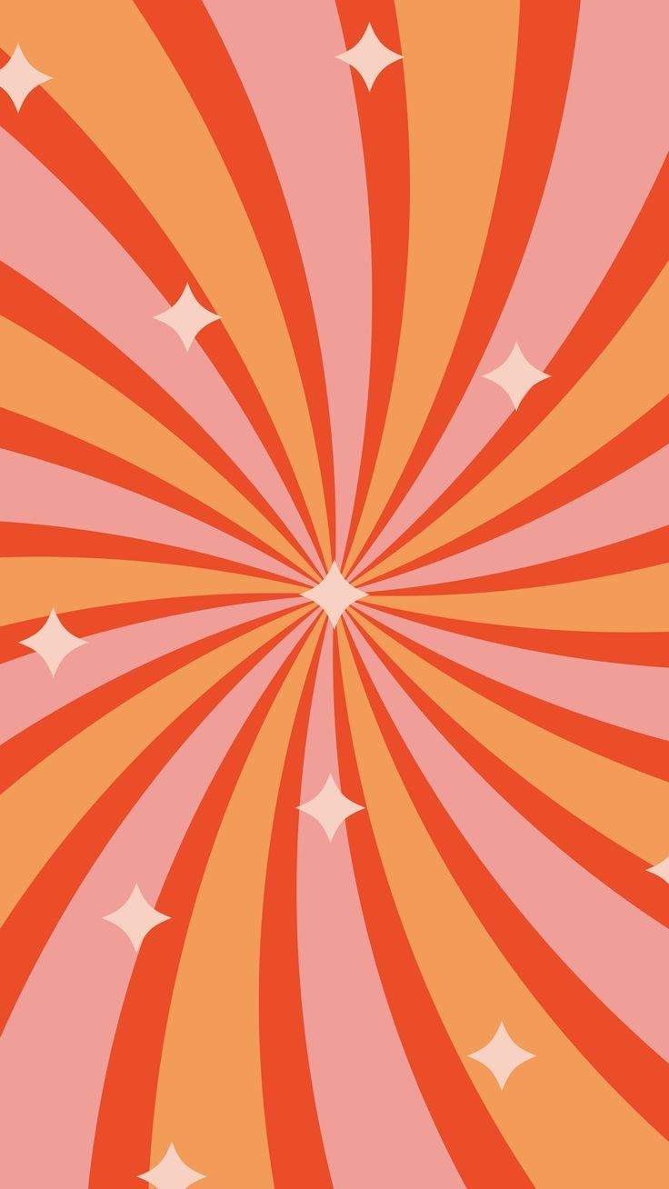 an orange and pink background with white stars in the center, as well as a spiral design