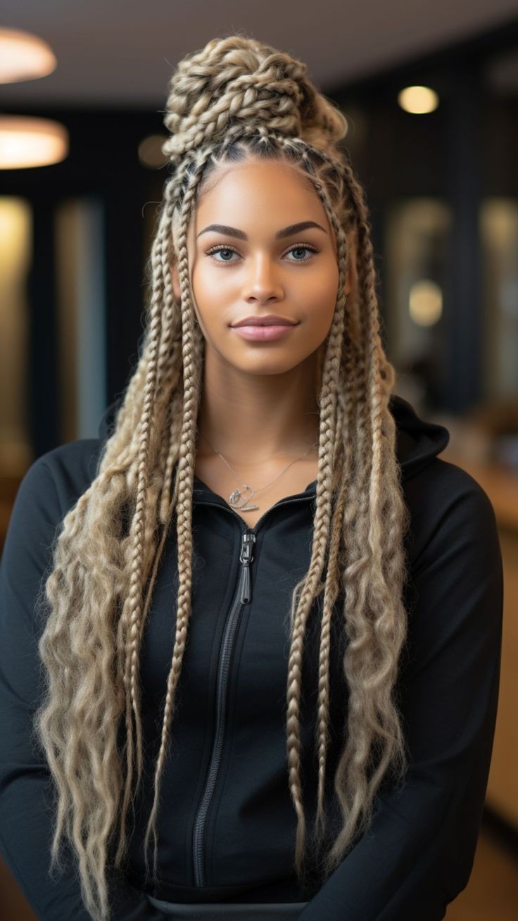 22 Blonde Knotless Braids to Flaunt Your Fabulousness Curls Braids For Black Women, Blonde Jumbo Knotless Braids, Protective Hairstyle Ideas, Winter Protective Hairstyles, Traditional Box Braids, Blonde Knotless Braids, Hairstyle Ideas For Black Women, Synthetic Dreads Hairstyles, Blonde Knotless