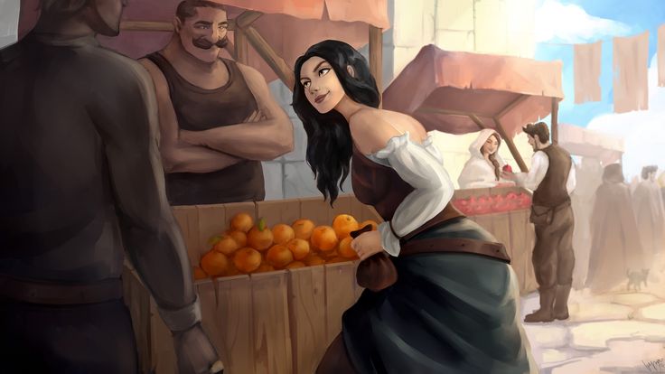 a painting of a man and woman looking at oranges in an outdoor fruit stand