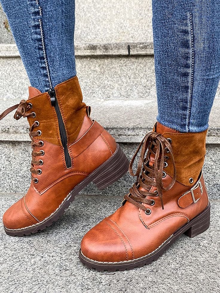 DETAILS Chunky heel PU leather Lace-up Retro style Orthopedic Shoes Stylish, Color Boots, Waterproof Leather Boots, Popular Boots, Pu Boots, Leather Boots Heels, Orthopedic Shoes, Faux Leather Heels, Rounded Toe Boots