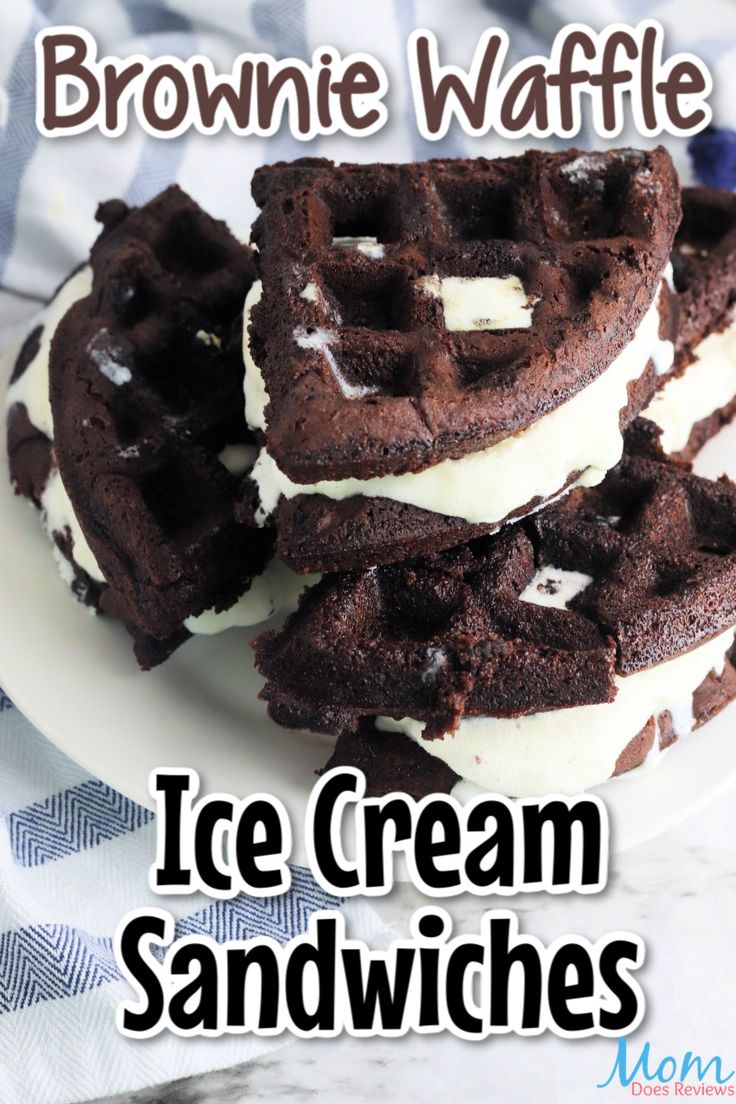 three chocolate waffle ice cream sandwiches on a white plate with text overlay that reads, brownie waffle ice cream sandwiches