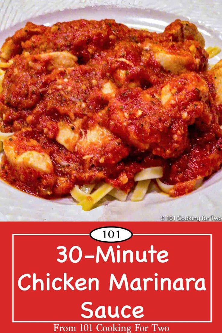 an easy chicken spaghetti recipe on a white plate with the title overlay reads 101 easy chicken spaghetti from 101 cooking for two