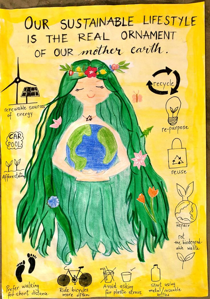 a child's drawing with the words our sustainable life style is the real ornament of our mother earth