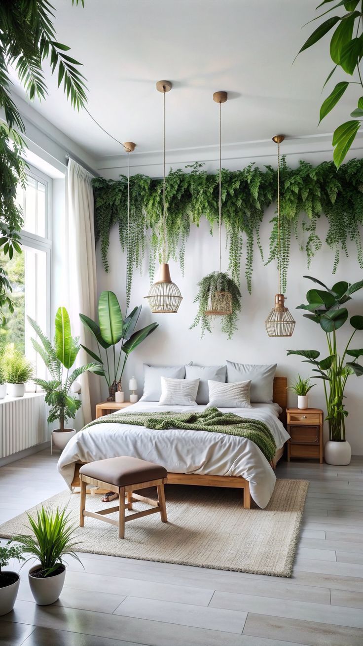 a bedroom with plants hanging on the wall