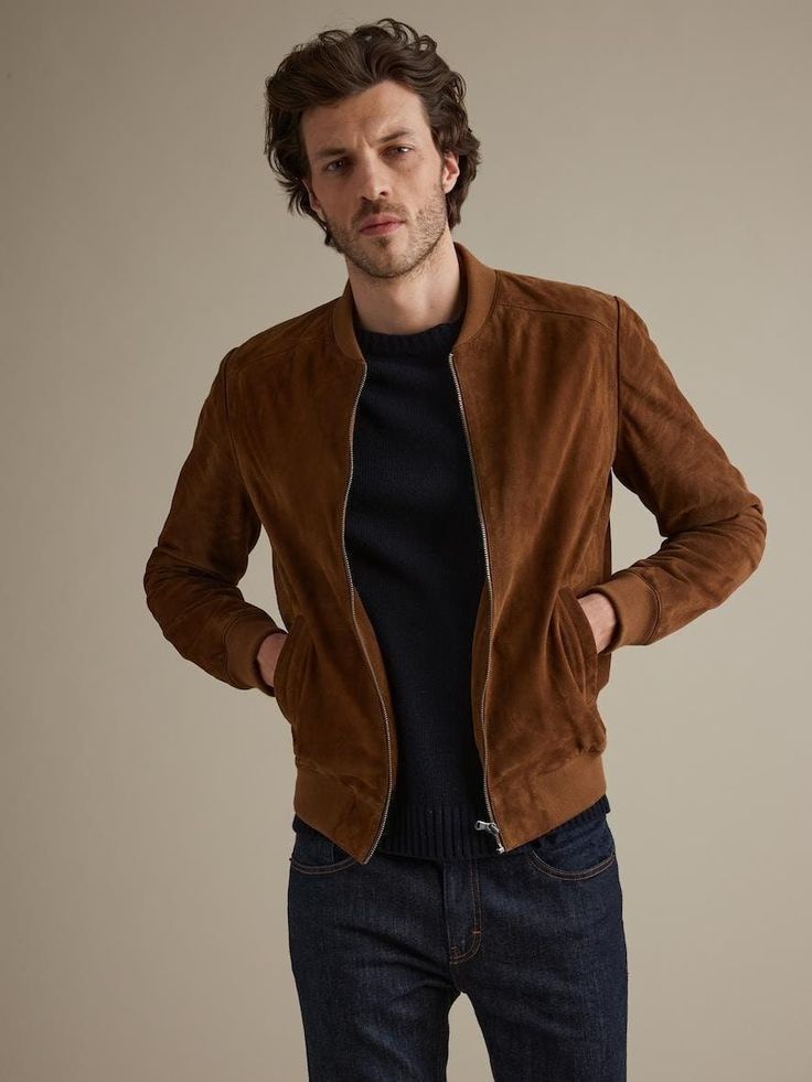 Stepping into the season with rugged style. Embracing the warmth of this brown suede bomber jacket. Ready for whatever the day brings. #MensFashion #SuedeSensation #FallVibes Brown Suede Leather Jacket Outfit, Brown Jacket Outfit, Suede Jacket Outfit, Brown Suede Leather Jacket, Brown Jacket Men, Suede Jacket Men, Vintage Style Jacket, Beige Fashion, Neck Warmers