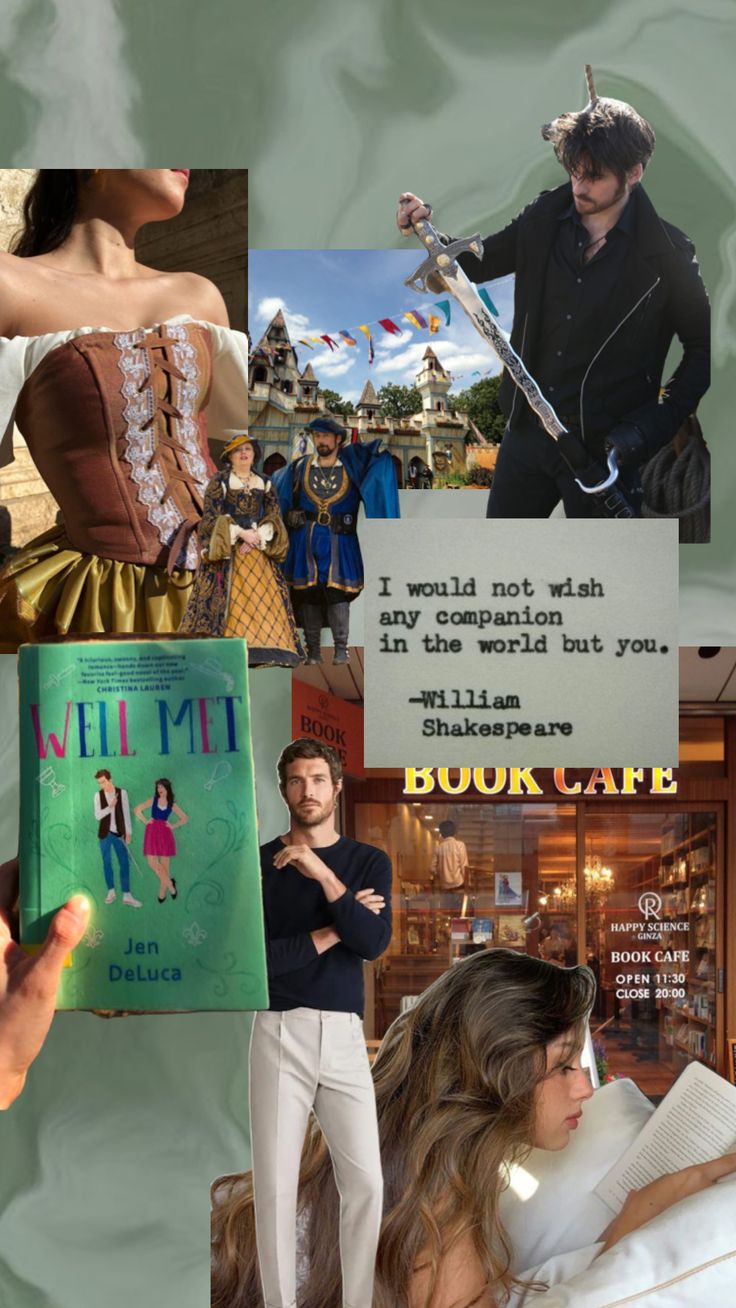 the collage shows people in costumes, books, and pictures with words on them