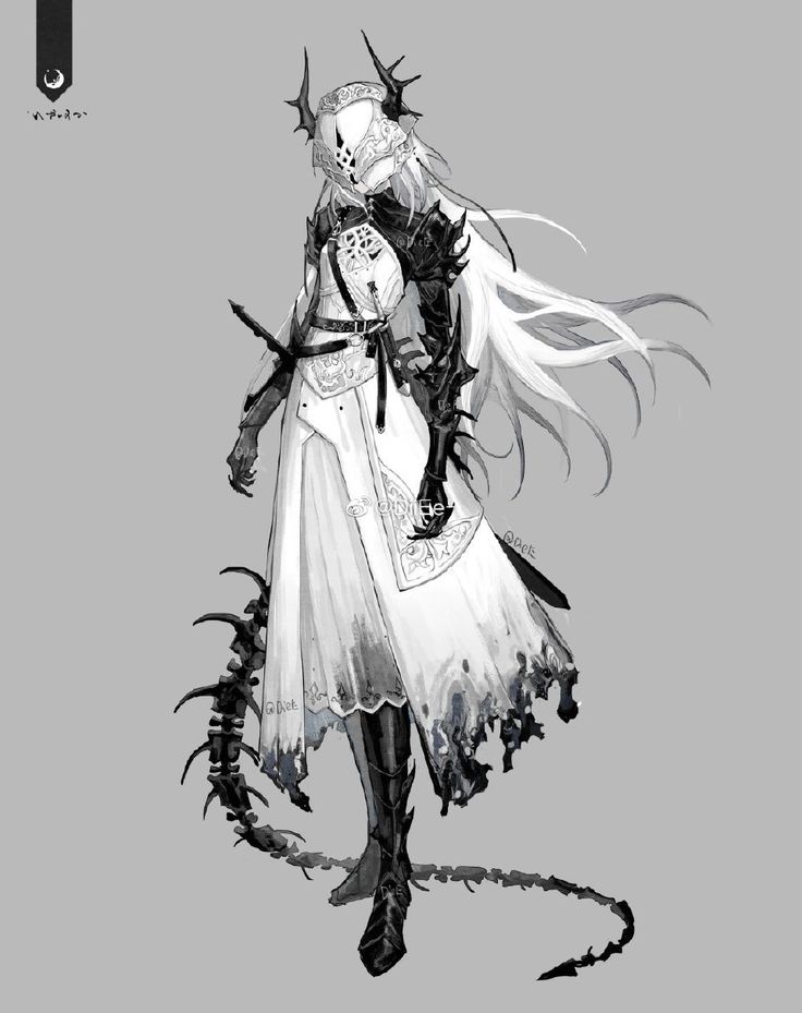 an anime character with long white hair and horns on her head, holding two swords