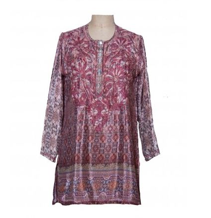 Buy women's hand-embroidered silk tunic top in a burgundy color that you can wear with linen pants or leggings. Silk-blend Fit really depends on height and bust size Mid-thigh length, mandarin collar, side slits Handmade embroidered in front and back  Made in India Ships from New York MEASUREMENT CHART Silk Tunic Top, New Rochelle, Silk Tunic, Measurement Chart, Burgundy Color, Embroidered Silk, Mandarin Collar, Linen Pants, Tunic Top