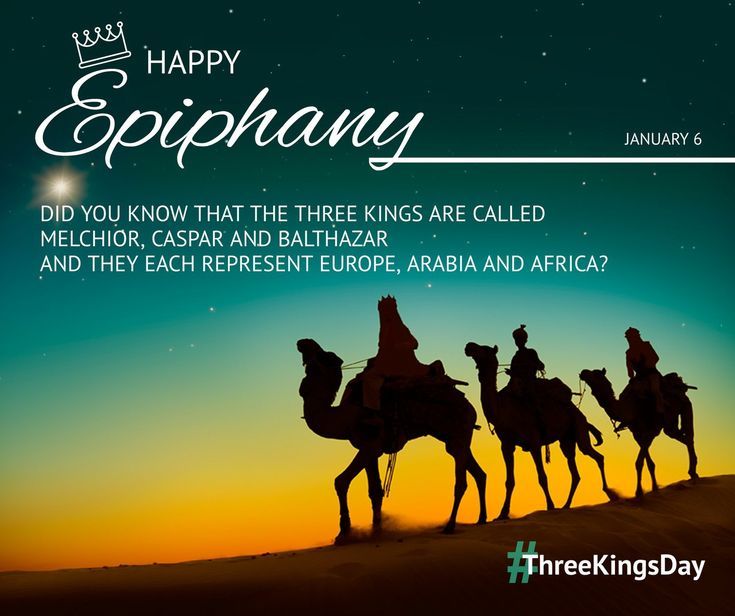 three people riding camels in the desert at night with text that reads happy epiphany