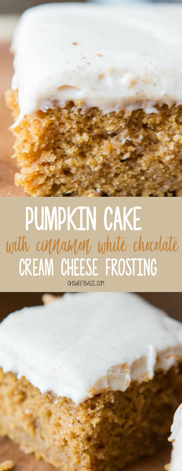 pumpkin cake with cinnamon white chocolate cream cheese frosting is cut in half and stacked on top of each other