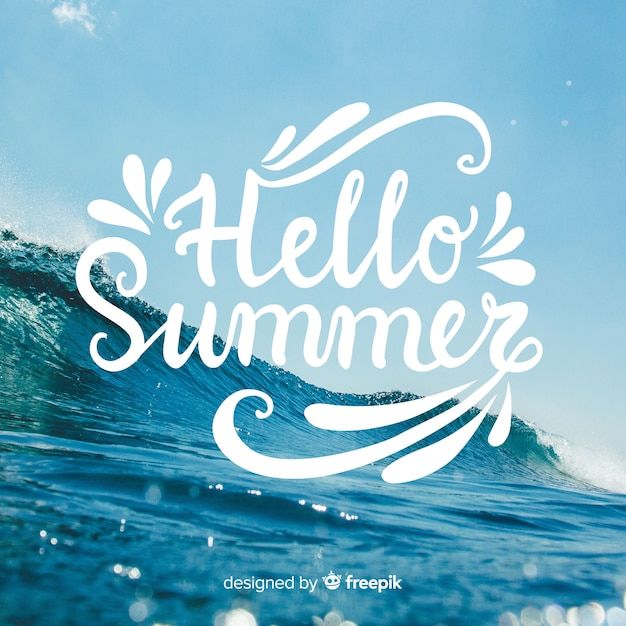 the words hello summer written in white on a blue sky above an ocean wave with bubbles