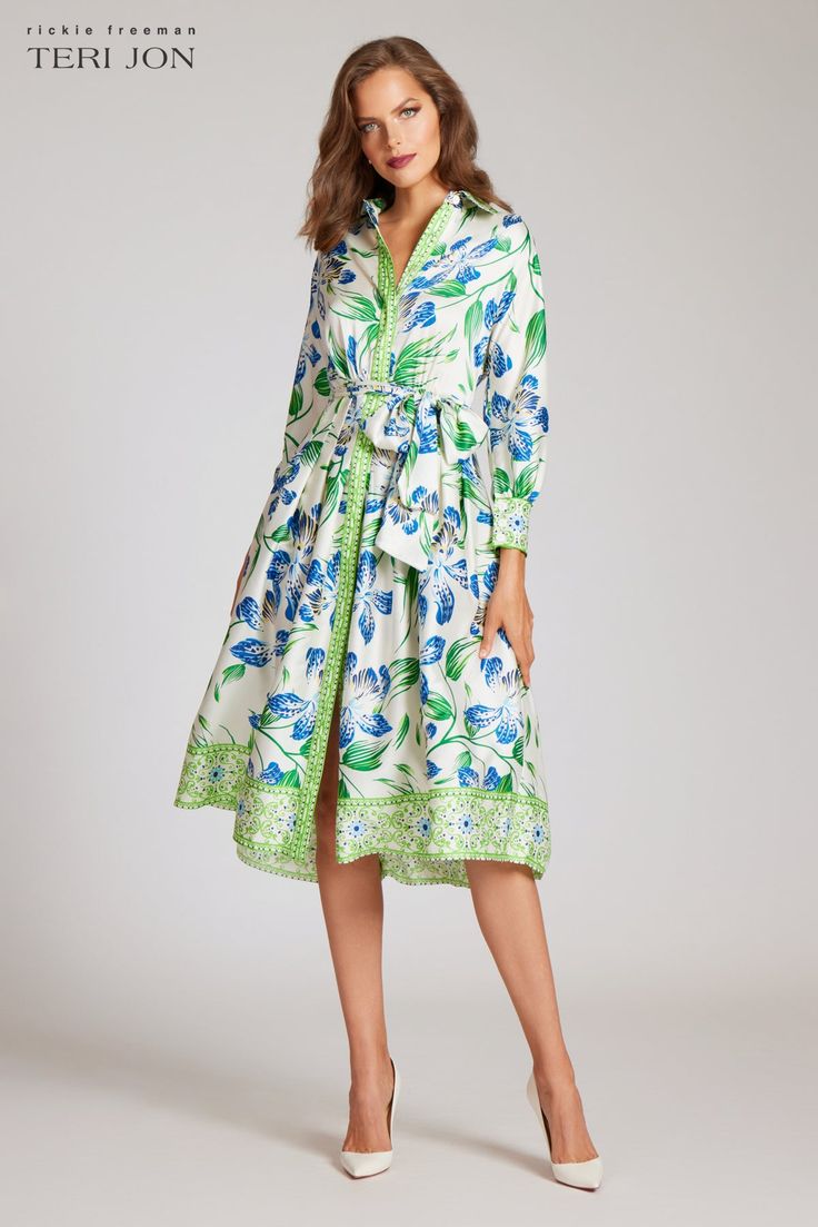 Twill Leaf Print Shirt Dress Collared Silk Dresses For Spring, Chic Collared Dress For Vacation, Chic Knee-length Shirt Dress For Vacation, Spring Floral Print Dress With Collared Neckline, Summer Daywear Dresses With Collared Neckline, Elegant Collared Spring Dresses, Long Shirt Dress For Casual Summer Wear, Elegant Collared Shirt Dress For Day Out, Daywear Dress With Spread Collar