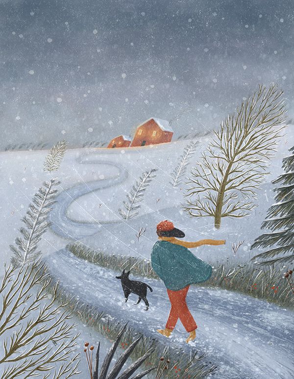 a painting of a woman walking her dog in the snow