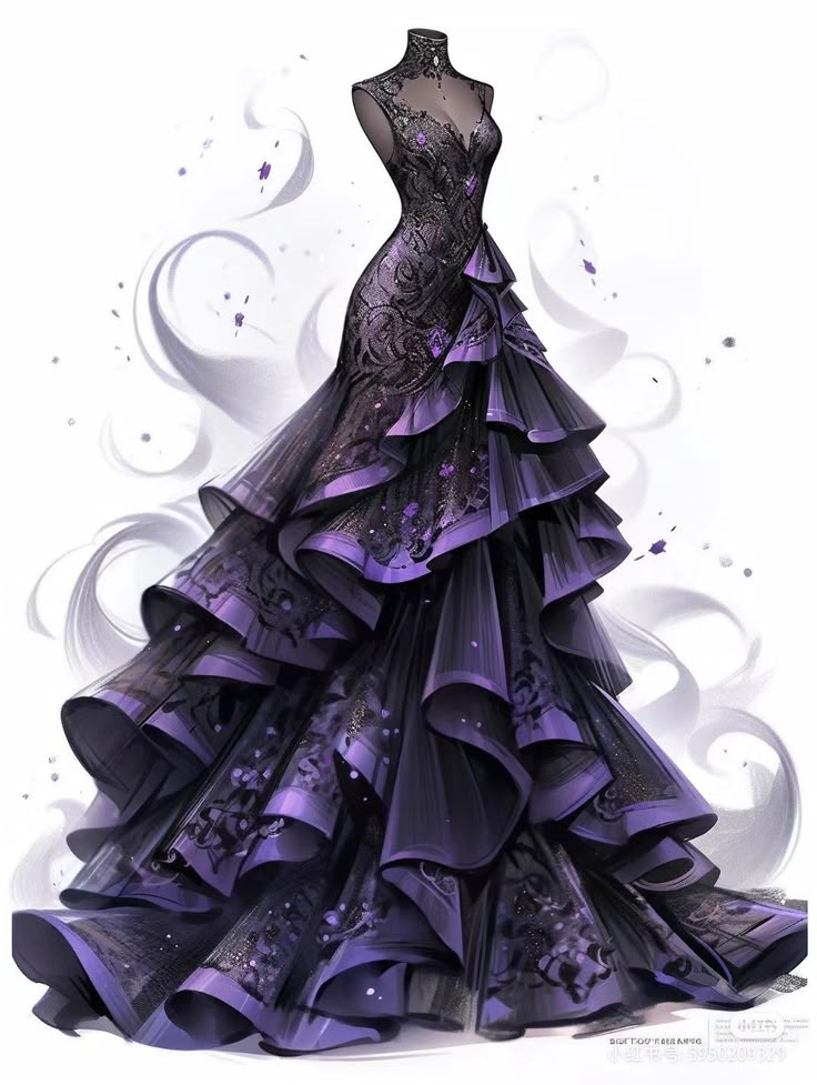 Purple And Black Dress Gowns, Dark Purple Fantasy Dress, Dark Purple Dress Formal, Purple Fantasy Dress, Purple Princess Dress, Royal Purple Dress, Amethyst Dress, Purple And Black Dress, Violet Dress