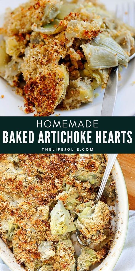 homemade baked artichoke hearts in a white bowl