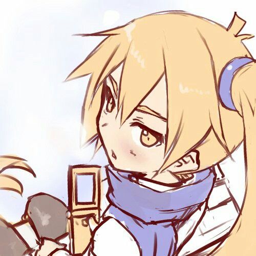 an anime character holding a cell phone in one hand and wearing a scarf on the other