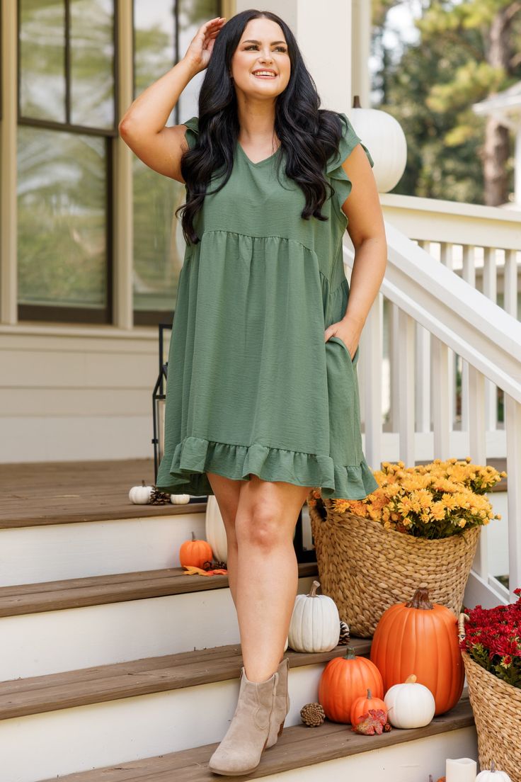 This dress is so cozy while keeping you looking so chic! This dress has a solid color that's perfect for the season! It's comfortable for all-day wear, has a figure-flattering fit, and features the cutest ruffled details! Simply style this dress with wedges or booties for an easy everyday look! 95% Polyester, 5% Spandex Dress With Wedges, Dress Dusty, Model Fits, Kelly Green, Affordable Fashion, Everyday Look, The Cutest, Plus Size Outfits, Fashion Forward