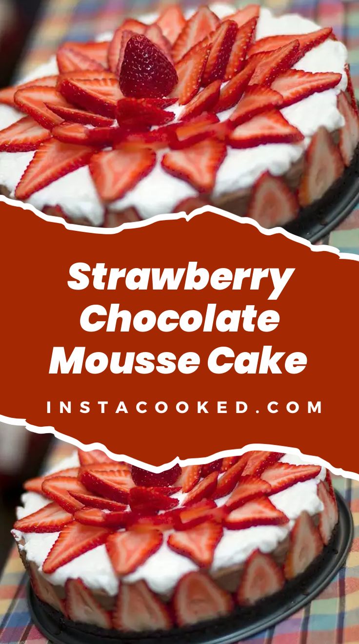 A decadent Strawberry Chocolate Mousse Cake featuring a crispy chocolate cookie crust, rich chocolate mousse, and fresh strawberries. The mousse is made with semisweet chocolate, cream, and a touch of corn syrup for a smooth texture. Finished with a layer of halved strawberries for a delightful touch. Strawberry Chocolate Mousse, Rich Chocolate Mousse, Strawberry Mouse, Chocolate Mousse Cake Recipe, Mousse Cake Recipe, Fruity Treats, Leftover Cake, Strawberry Chocolate, Chocolate Mousse Cake