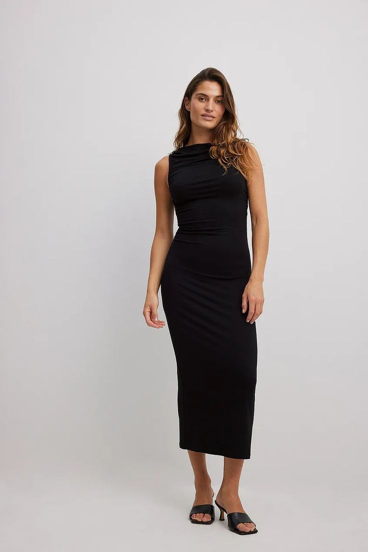 Viscose Midi Dress Black | NA-KD Black Maxi Dress With Ruched Back For Night Out, Stretch Maxi Dress With Ruched Back, Maxi Length Dress With Ruched Back, Chic Stretch Maxi Dress With Ruched Back, Chic Black Maxi Dress With Ruched Back, Stretch Draped Maxi Dress With Ruched Back, Sleeveless Elastane Bodycon Dress With Ruched Back, Sleeveless Bodycon Dress With Ruched Back, Elastane, Sleeveless Bodycon Dress With Ruched Back