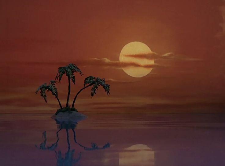 an island with two palm trees in the water at sunset