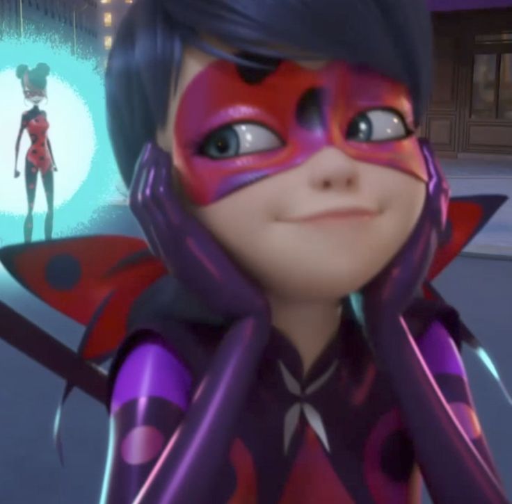 the animated character is dressed in purple and red