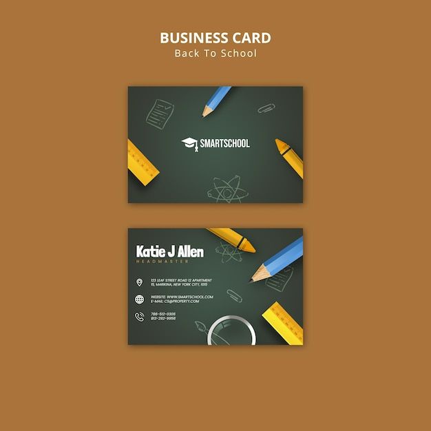 two business cards with pencils and school supplies on them, one is green and the other is yellow