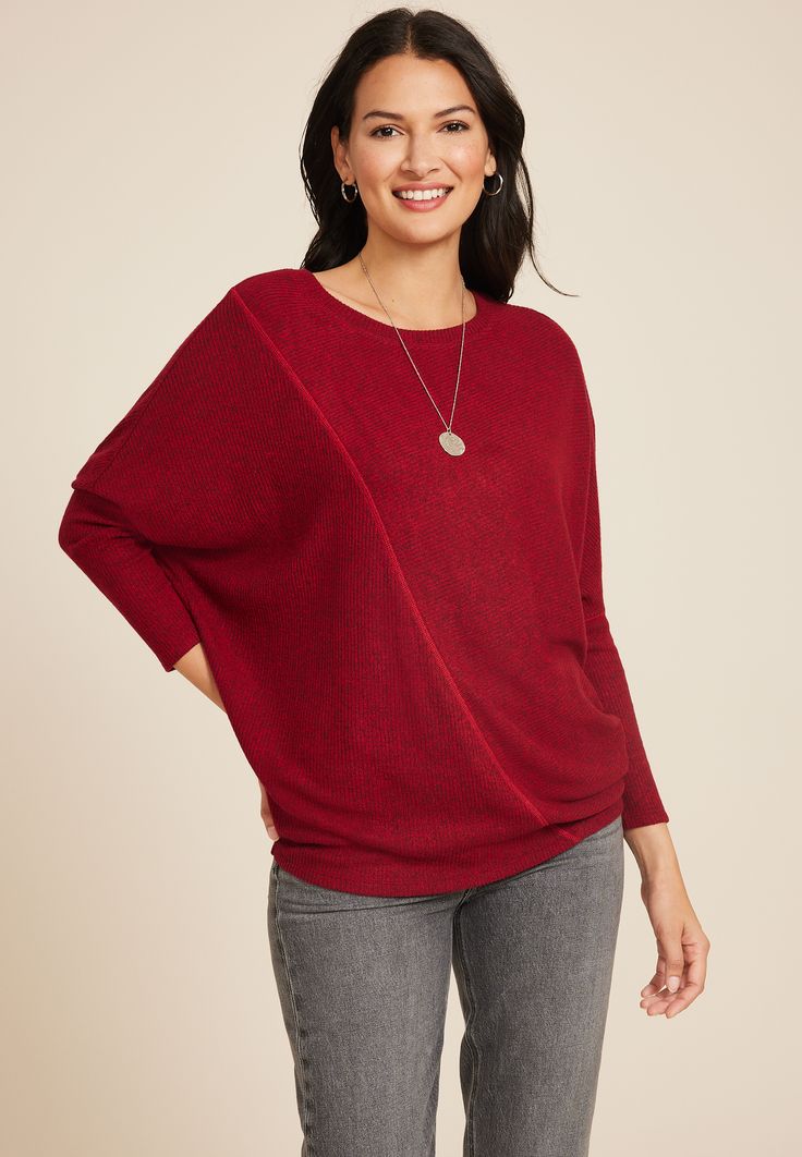 24/7 Dakota Ribbed Dolman Top - Red Knit Top For Layering, Red Knit Tops With Relaxed Fit, Red Relaxed Fit Knit Top, University Red Moisture-wicking Short Sleeve Tops, Dolman Top, List Style, Dolman Sleeve, Ribbed Fabric, New Shop