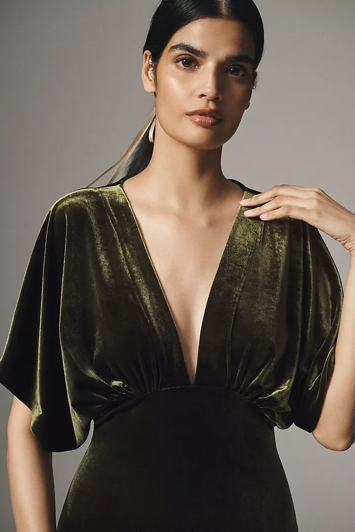 BHLDN Amelia Deep-V Stretch Velvet Maxi Dress | Anthropologie Cocktail Dress With Draped Sleeves And V-neck, Cocktail V-neck Dress With Draped Sleeves, Elegant V-neck Evening Dress With Draped Sleeves, Chic V-neck Dresses With Draped Sleeves, Pre-draped V-neck Maxi Dress For Cocktail, Chic V-neck Evening Dress For Date Night, Fitted V-neck Maxi Dress With Draped Sleeves, Ruched V-neck Evening Dress For Night Out, Green V-neck Evening Dress