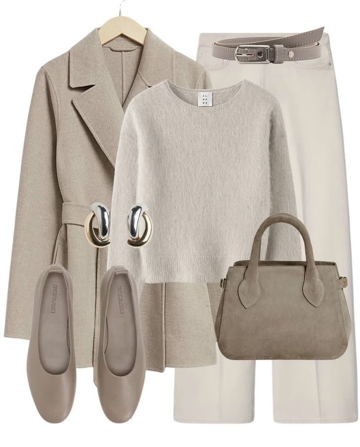 Muted Autumn Outfit, Greige Outfit, Cool Toned Outfits, Late Fall Outfits, Outfit Manteau, Taupe Outfit, Mantel Outfit, Elegant Wardrobe, Trend Outfit