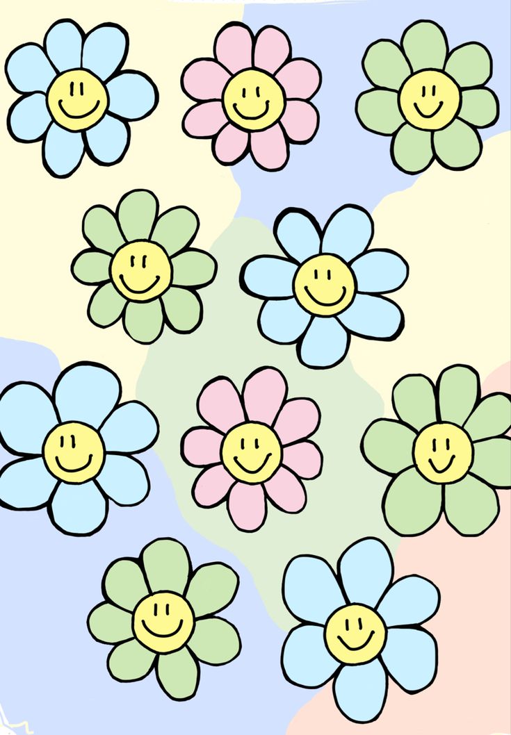 a bunch of flowers with smiley faces in the middle and one flower on the bottom