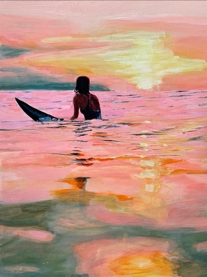 a painting of a person in the water with a surfboard