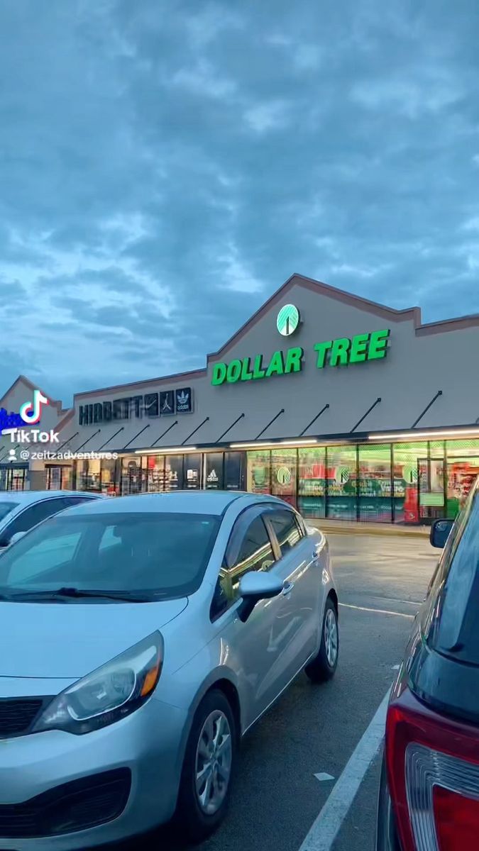 several cars parked in front of a dollar tree store at dusk with the lights on