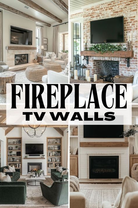 fireplace tv walls in the living room with brick and wood trimmings on each wall