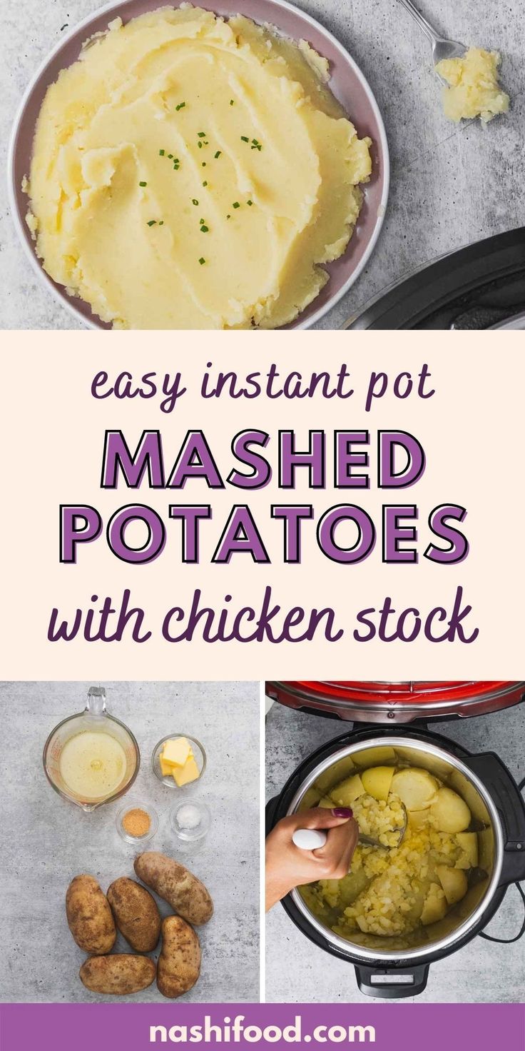 mashed potatoes with chicken in a pot and the title overlay reads easy instant pot mashed potatoes with chicken stock