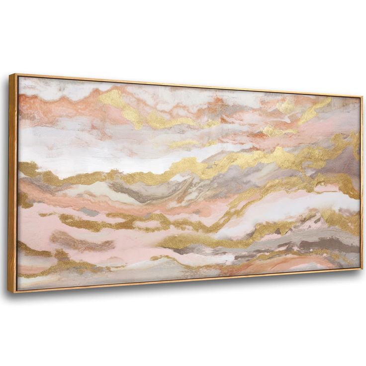 an abstract painting with gold, pink and grey colors on the wall above it is a white background