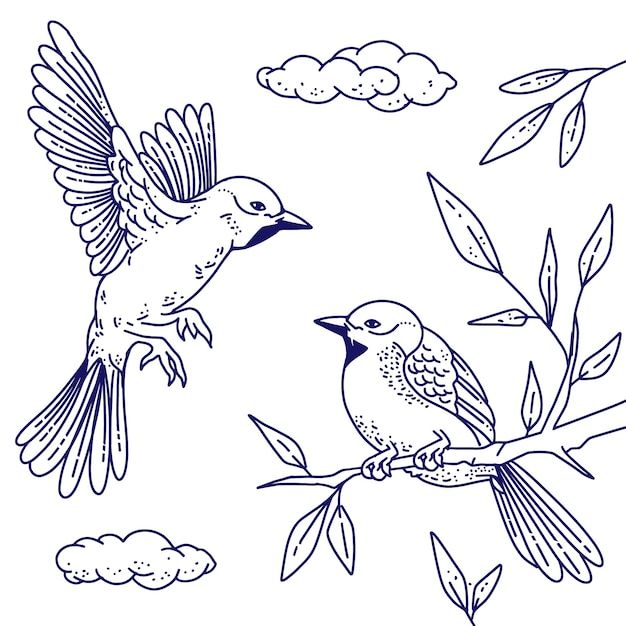 two birds sitting on top of a tree branch next to leaves and clouds in the sky