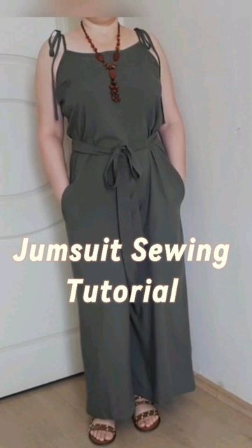 a woman standing in front of a white wall with the words jumpsuit sewing tutor