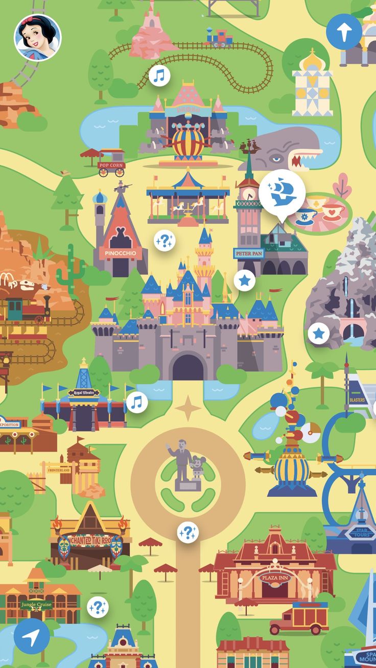 an illustrated map of disneyland world with all the parks and attractions on it's side