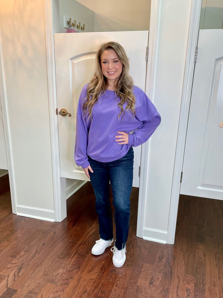 Stay cozy and stylish with the Fiby Sweatshirt. With its oversized fit and playful purple hue, this crewneck sweatshirt is perfect for adding a pop of color to your wardrobe. Made from a comfortable blend of 80% cotton and 20% polyester, it's the ultimate combination of fashion and comfort. Sizing: runs true to size; size chart included in the photos Purple Trendy Sweatshirt With Relaxed Fit, Trendy Purple Sweatshirt With Relaxed Fit, Trendy Purple Sweatshirt In Relaxed Fit, Lavender Crew Neck Sweater For Fall, Trendy Purple Sweatshirt With Ribbed Cuffs, Purple Sweater With Ribbed Cuffs, Purple Cotton Crew Neck Sweater, Purple Sweater With Relaxed Fit And Ribbed Cuffs, Relaxed Fit Purple Sweater With Ribbed Cuffs