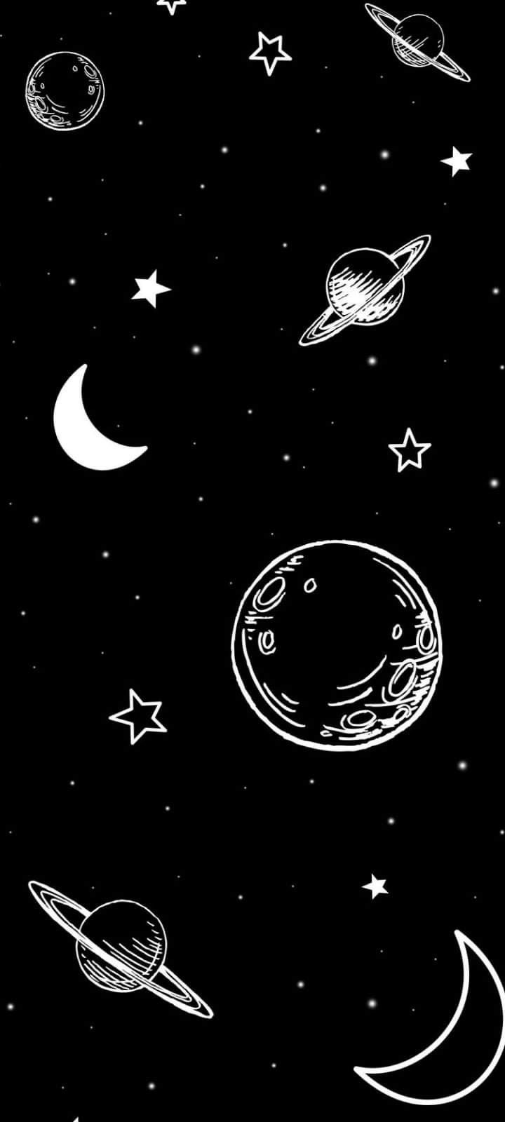 black and white drawing of planets in the night sky with stars, moon and crescents