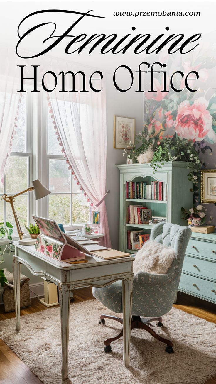 the feminine home office is clean and organized