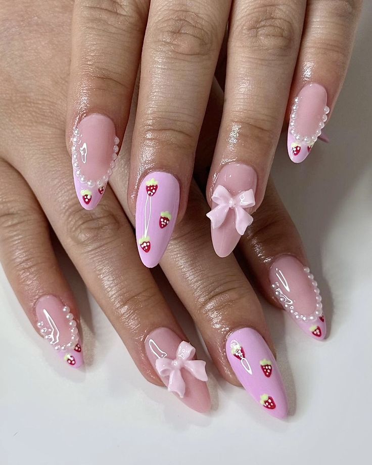 Light Pink Almond Nails Design, Strawberry French Tip Nails, Bow Charm Nails, Pink Bow Nails, Press On Nails French Tip, Nails Light Pink, Nails Pearl, Charm Nails, Press On Nails French