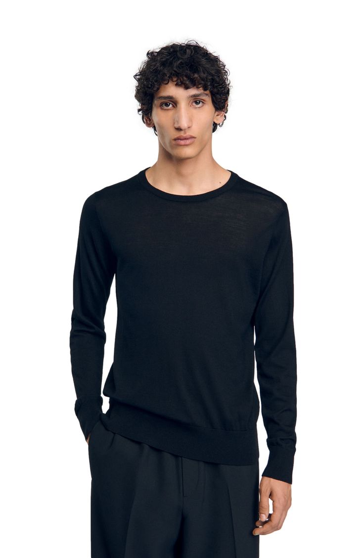 Loose-fit sweater in a fine knit with a round neck and long sleeves. Sandro Men's loose-fit fine knit jumper Round neck Long sleeves Ribbed cuffs, neck and waist The model is 6'1 tall and wears a size M Black Merino Wool Crew Neck Tops, Black Merino Wool Crew Neck Sweater, Modern Crew Neck Sweater For Layering, Modern Merino Wool Crew Neck Sweater, Modern Solid Crew Neck Sweater, Modern Solid Color Crew Neck Sweater, Modern Crew Neck Knit Sweater, Modern Crew Neck Sweater With Ribbed Cuffs, Modern Fine Knit Long Sleeve Sweater